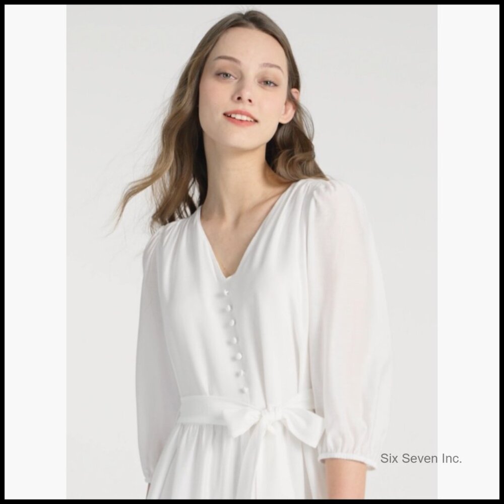 Acetate 3/4 Sleeve V-Neck Wrap Midi Dress Wedding Guest Casual - Picture 6 of 6